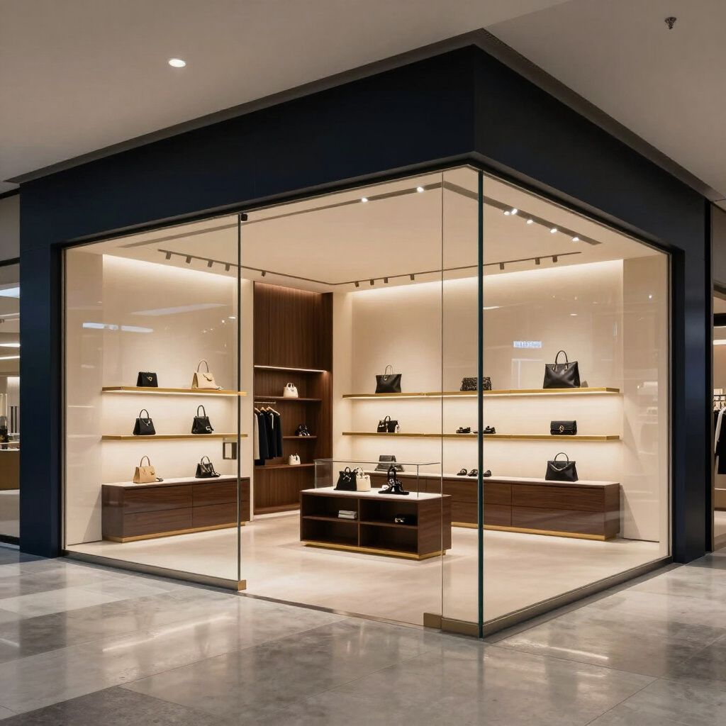 Boutique retail storefront at night