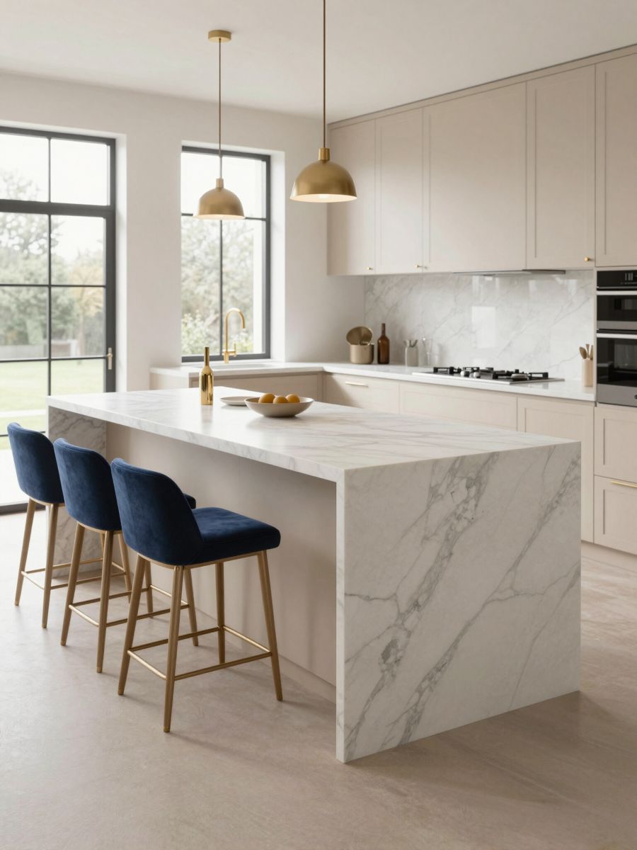 Kitchen with marble island and brass pendants