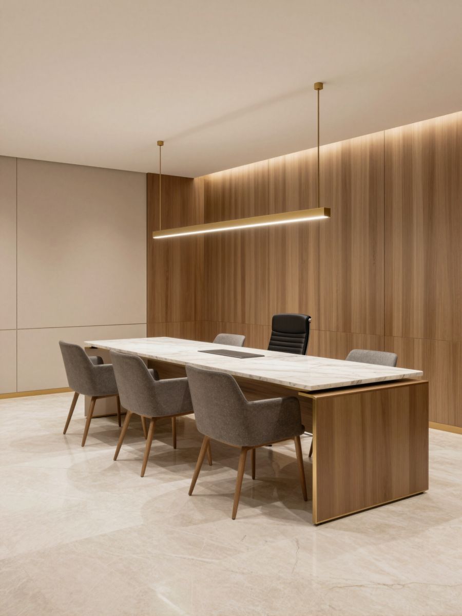 Dining room with linear pendant and crown molding