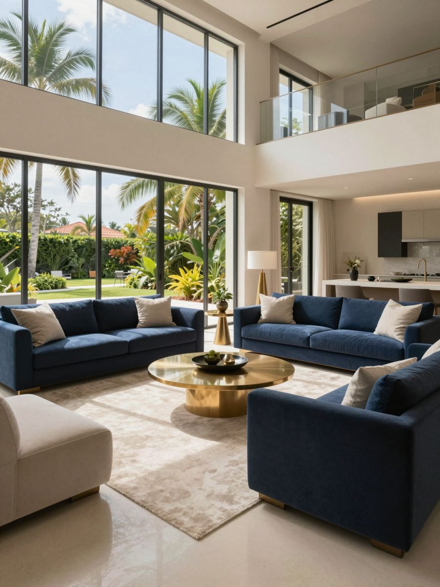 Living room opening to palms and water